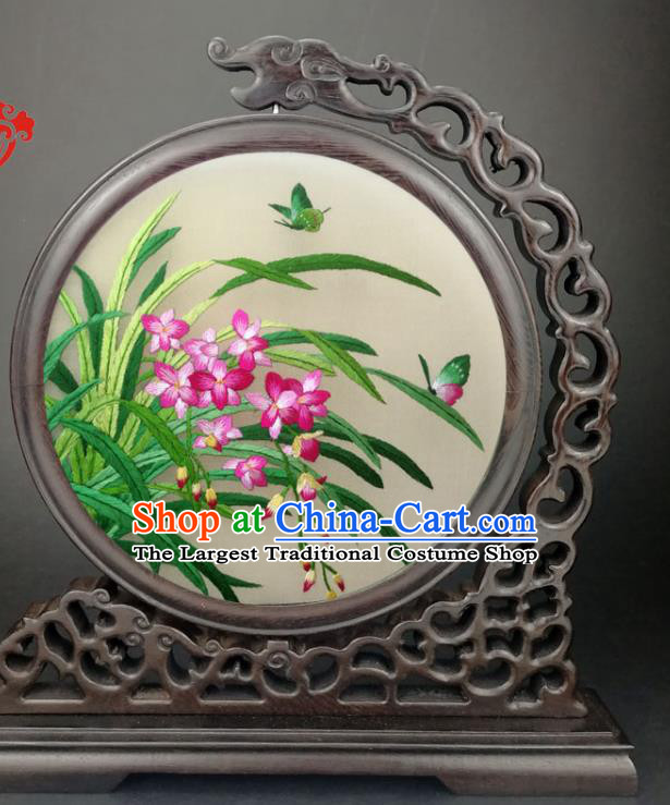 Chinese Traditional Wenge Table Top Screen Suzhou Embroidered Orchids Desk Decorative Screen