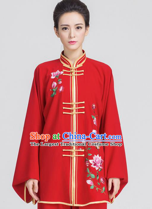 China Traditional Kung Fu Embroidered Flowers Red Outfits Tai Chi Competition Costume
