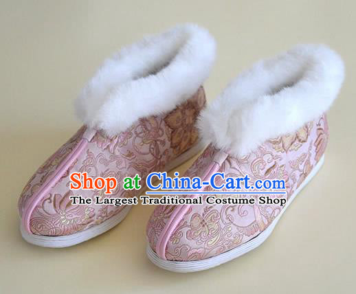 China Traditional Pink Brocade Shoes National Winter Cotton Padded Shoes Hanfu Short Boots