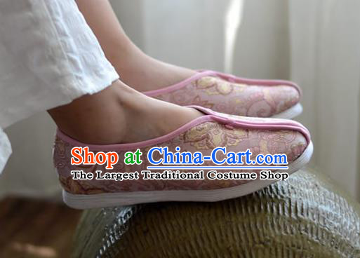 China Traditional Tai Chi Shoes National Women Cloth Shoes Pink Brocade Shoes