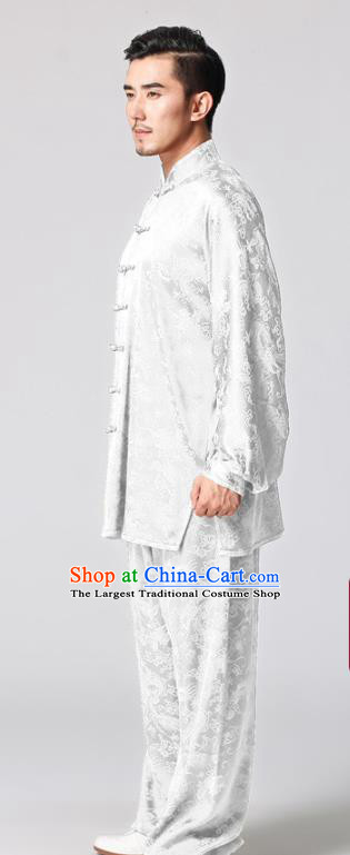 Chinese Traditional Dragon Pattern White Silk Costumes Kung Fu Uniforms for Men