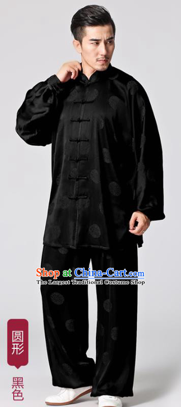 Chinese Traditional Circle Pattern Black Silk Costumes Tai Chi Martial Arts Uniforms