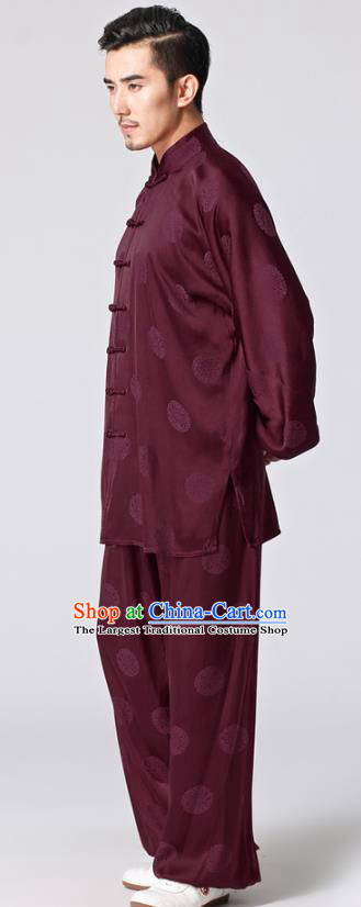 Chinese Traditional Martial Arts Circle Pattern Costumes Tai Chi Kung Fu Wine Red Silk Uniforms