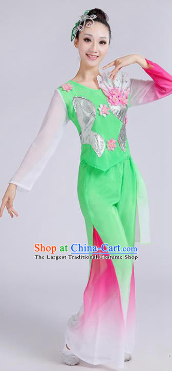Chinese Folk Dance Green Outfits Umbrella Dance Clothing Fan Dance Stage Performance Costume
