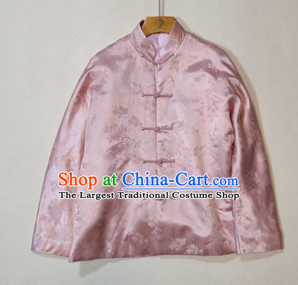 China Traditional Tang Suit Outer Garment Woman Classical Plum Blossom Pattern Pink Silk Jacket