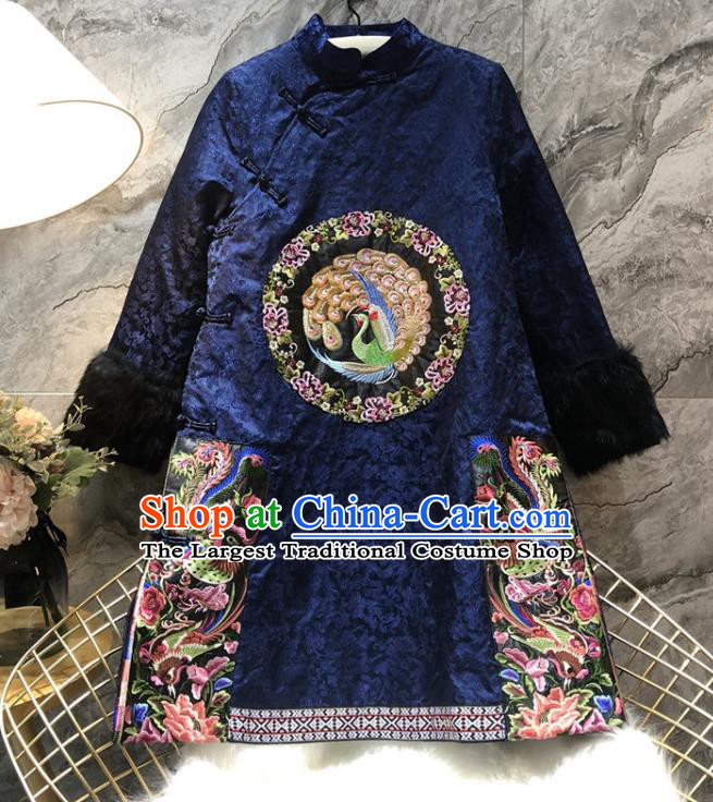 Chinese National Women Winter Clothing Classical Embroidered Phoenix Qipao Dress Traditional Royalblue Cheongsam