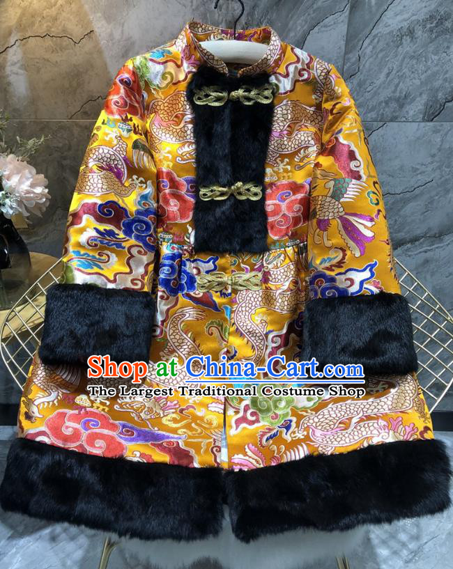 China Woman Classical Dragon Pattern Golden Brocade Jacket Traditional Tang Suit Cotton Padded Coat