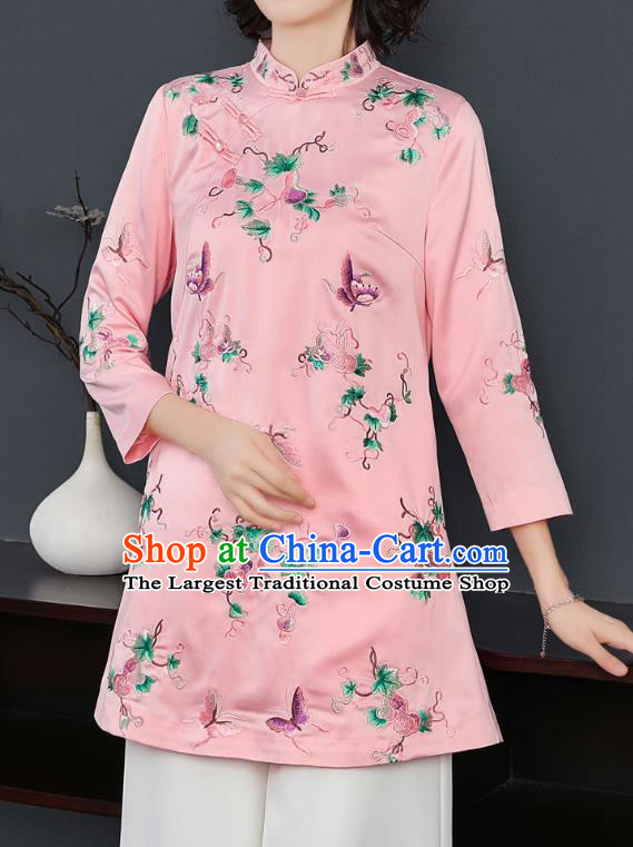 China Traditional Tang Suit Silk Coat Woman Embroidered Butterfly Pink Jacket
