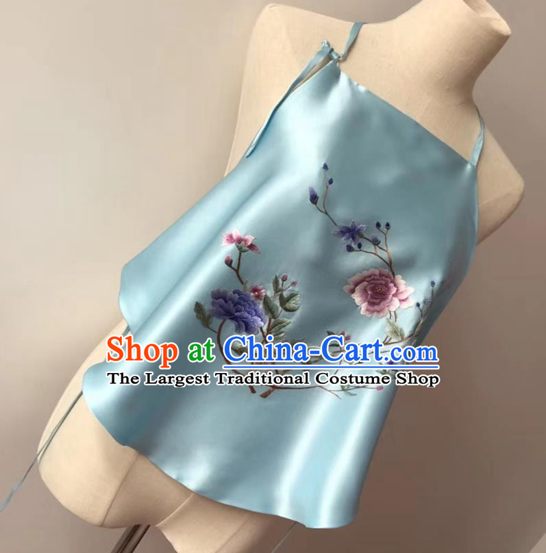 Chinese National Women Stomachers Embroidered Peony Bellyband Tang Suit Light Blue Silk Undergarment
