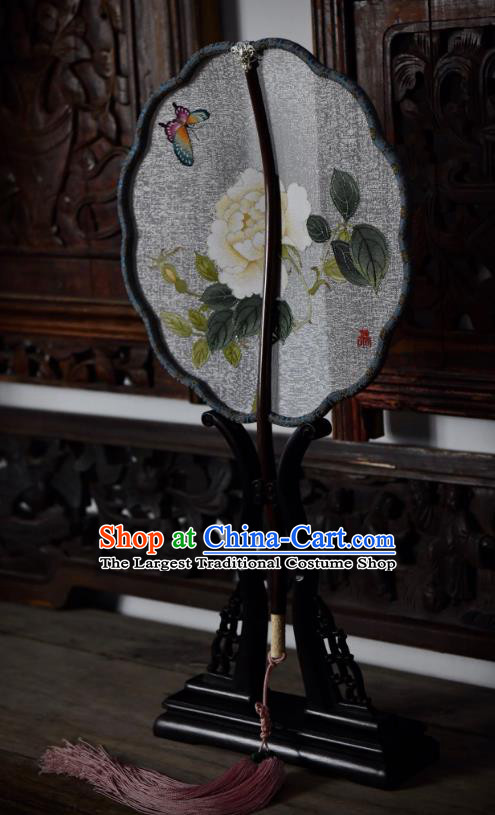 China Traditional Song Dynasty Princess Fan White Silk Fan Handmade Peony Butterfly Pattern Palace Fan
