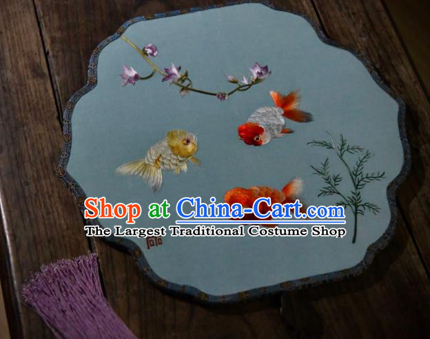 China Handmade Embroidered Goldfish Palace Fan Traditional Blue Silk Fan Ancient Song Dynasty Court Fan