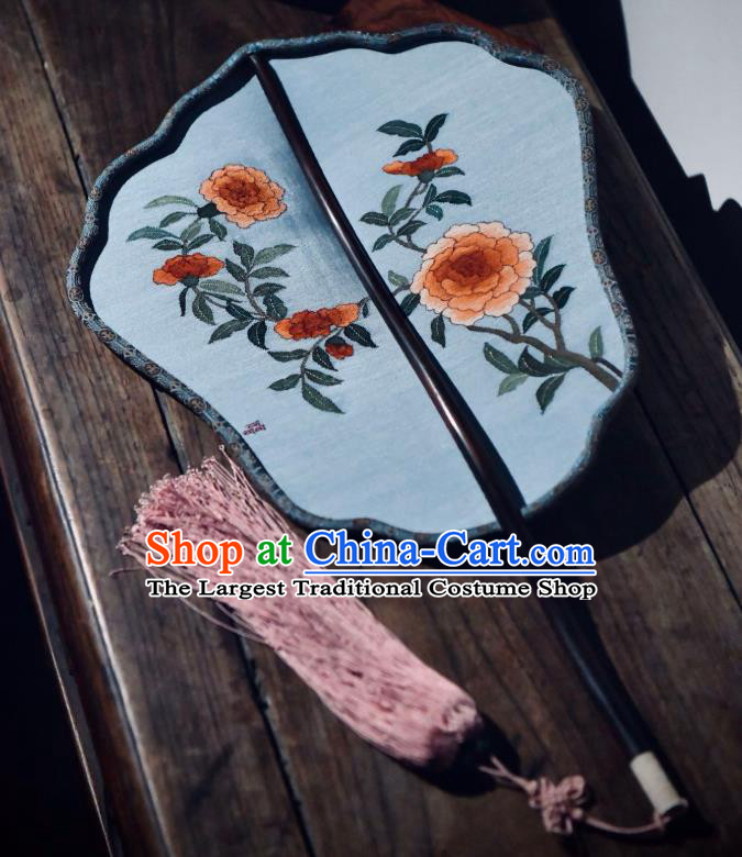 China Ancient Ming Dynasty Court Fan Handmade Pomegranate Pattern Palace Fan Traditional Blue Silk Fan