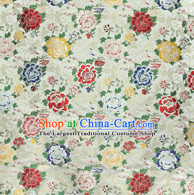 China Traditional Cheongsam White Nanjing Brocade Classical Peony Pattern Silk Fabric