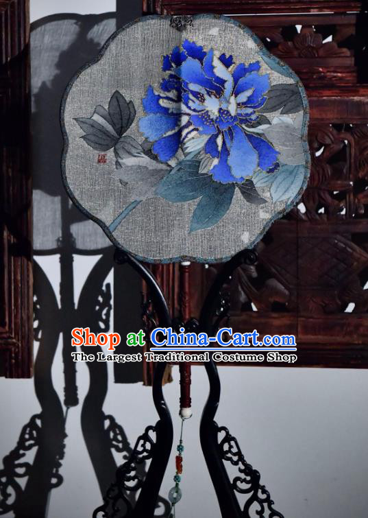 China Traditional Silk Fan Ancient Song Dynasty Court Fan Handmade Blue Peony Pattern Palace Fan