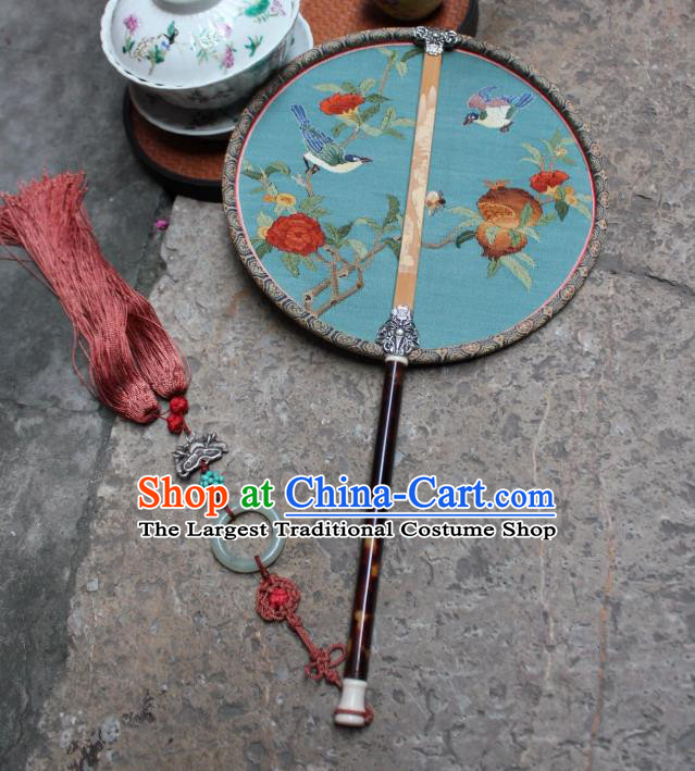 China Handmade Pomegranate Bird Pattern Blue Silk Fan Ancient Song Dynasty Princess Palace Fan Traditional Circular Fan