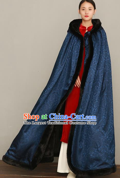 Chinese Traditional Winter Costume National Women Navy Silk Cape Cotton Wadded Cloak