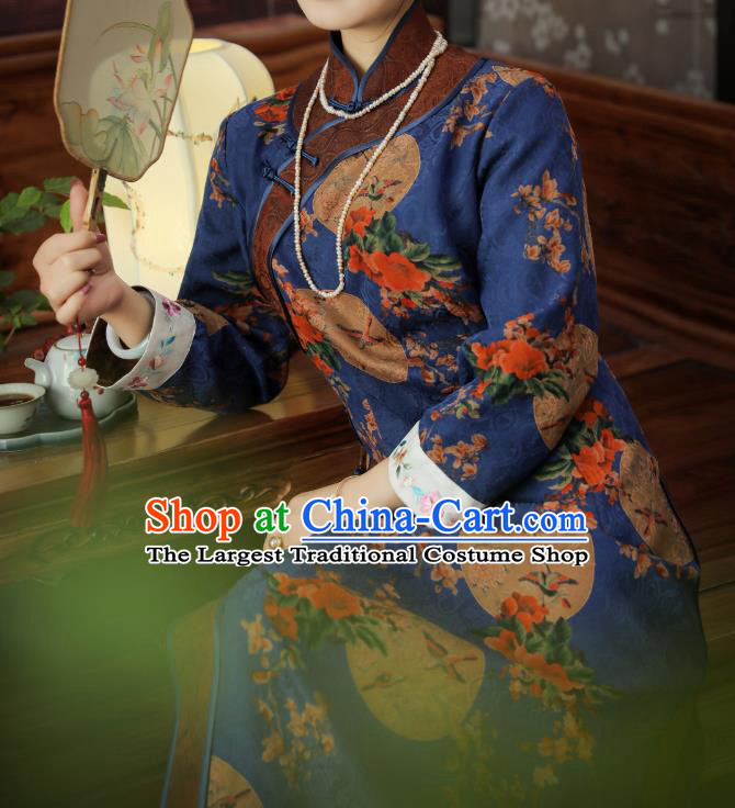 Asian Chinese Classical Gambiered Guangdong Gauze Cheongsam Traditional Young Beauty Royalblue Silk Qipao Dress