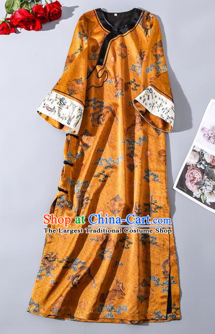 Asian Chinese Traditional Qing Dynasty Court Woman Golden Qipao Dress Clothing Classical Round Collar Silk Cheongsam