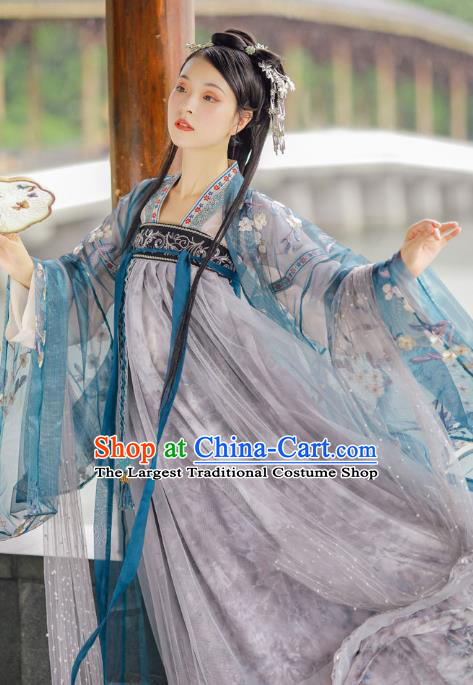 Chinese Ancient Palace Lady Blue Hanfu Dress Traditional Tang Dynasty Royal Princess Historical Costumes