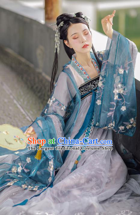 Chinese Ancient Palace Lady Blue Hanfu Dress Traditional Tang Dynasty Royal Princess Historical Costumes
