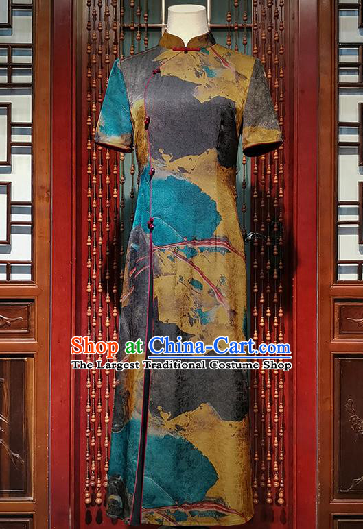 Asian Chinese Traditional Aodai Qipao Dress Classical Printing Silk Cheongsam Costume