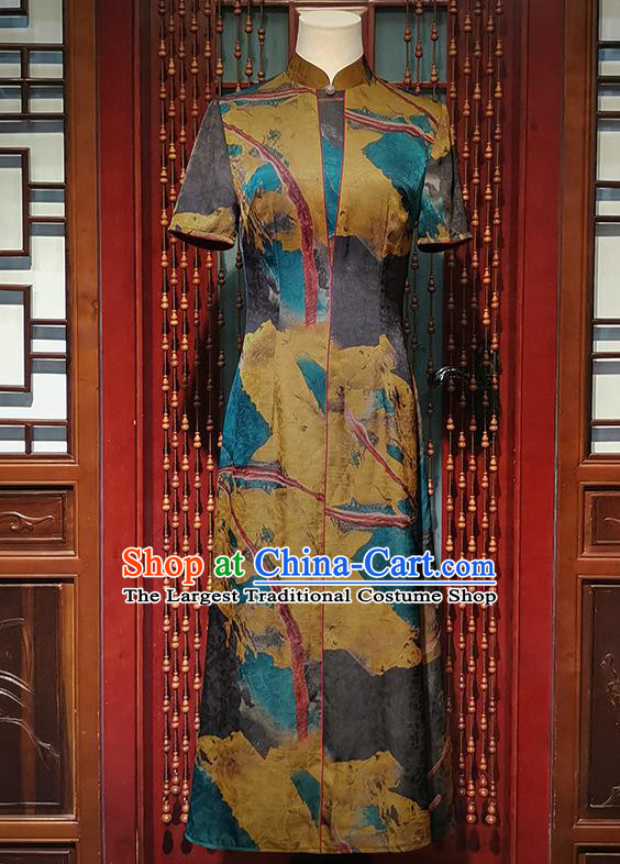 Asian Chinese Classical Printing Silk Cheongsam Costume Traditional Stand Collar Aodai Qipao Dress