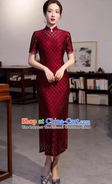 Chinese Modern Wine Red Cheongsam Traditional Wedding Bride Qipao Dress Clothing
