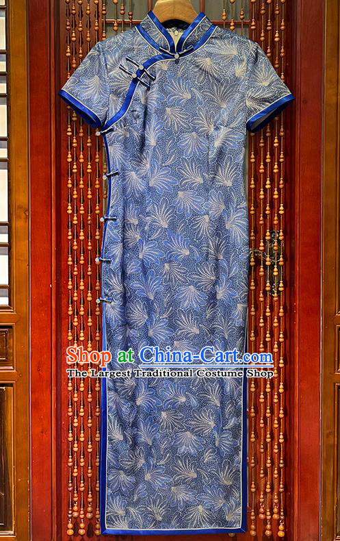 Chinese Party Compere Clothing National Woman Cheongsam Dress Traditional Blue Satin Qipao