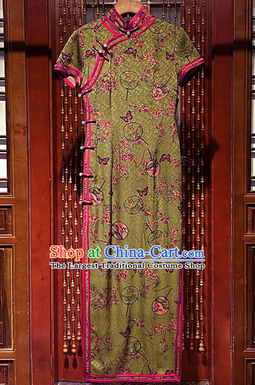 Chinese Classical Stand Collar Qipao Dress Modern Catwalks Clothing Traditional Printing Butterfly Flowers Silk Cheongsam