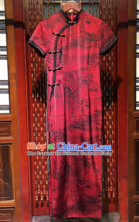 China Traditional Wedding Red Silk Cheongsam Clothing Traditional Bride Toast Qipao Dress