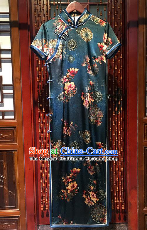 China Classical Dance Clothing Traditional Printing Mangnolia Cheongsam Stand Collar Atrovirens Qipao Dress