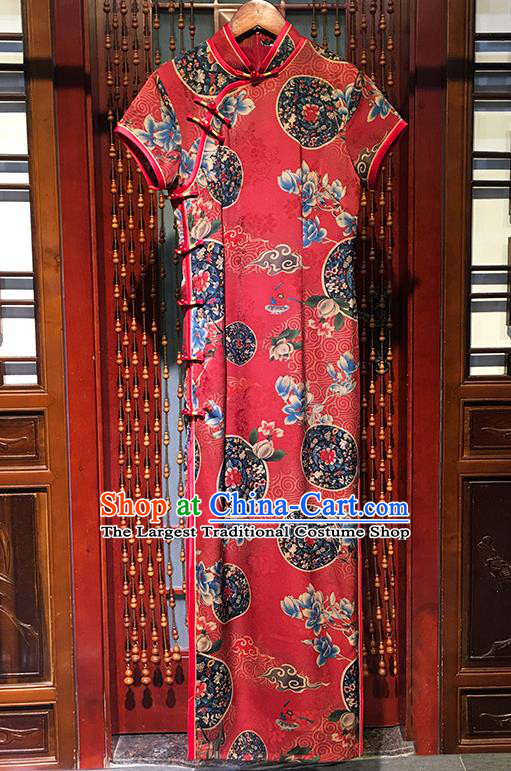 China National Bride Red Silk Qipao Dress Traditional Printing Mangnolia Cheongsam Classical Wedding Clothing