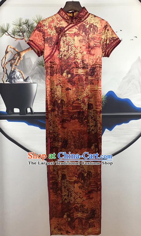 China Shanghai Young Lady Clothing Traditional Retro Cheongsam National Printing Silk Qipao Dress