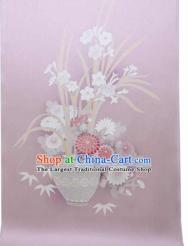 Asian Japanese Kimono Tapestry Drapery Japan Hand Painting Flowers Vase Lilac Brocade Traditional Silk Fabric
