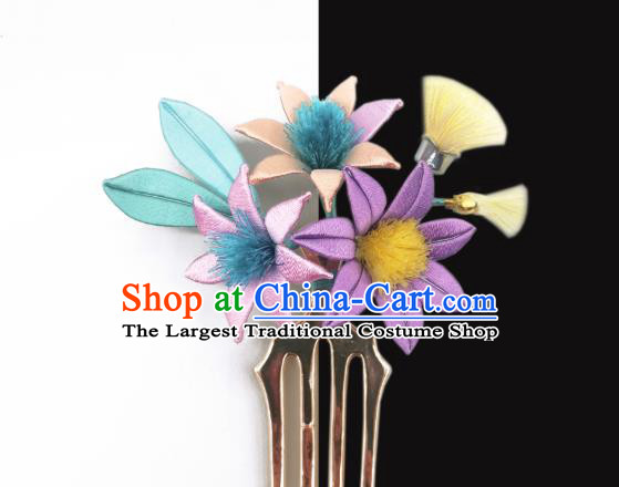 Chinese Traditional Hanfu Hairpin Hair Accessories Handmade Ancient Princess Purple Silk Flowers Hair Comb