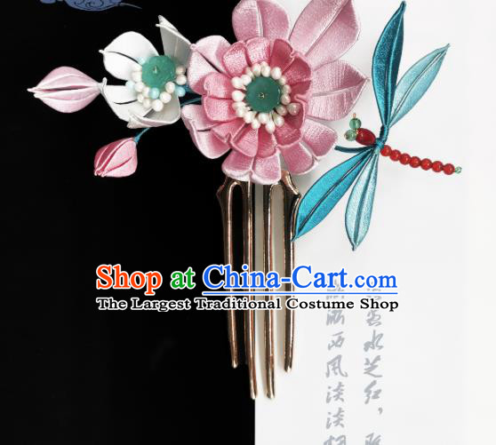 Chinese Handmade Ancient Princess Pink Silk Lotus Hairpin Hanfu Hair Accessories Traditional Beads Dragonfly Hair Comb