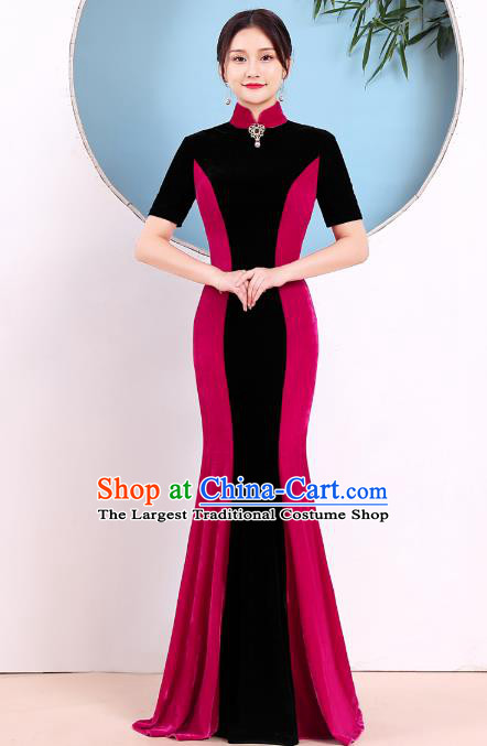 China Stage Show Rosy Velvet Cheongsam Catwalks Qipao Dress Modern Dance Fishtail Clothing