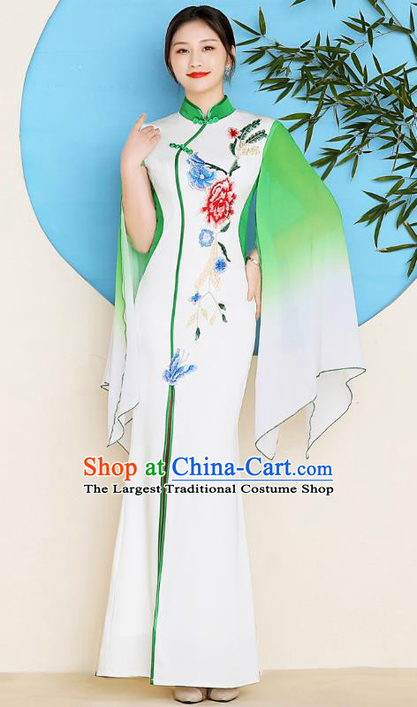 China Catwalks Fishtail Qipao Dress Young Woman Clothing Stage Performance Embroidery Peony Cheongsam