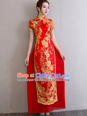 China Catwalks Show Aodai Cheongsam Classical Dance Lace Sequins Red Qipao Dress Bride Clothing