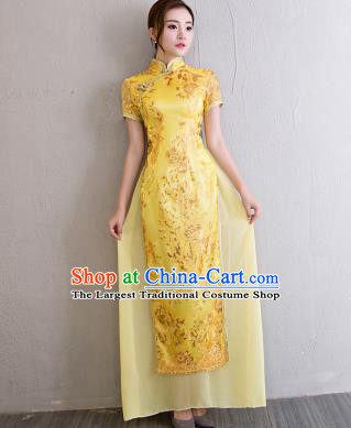 China Modern Catwalks Show Aodai Cheongsam Classical Lace Sequins Golden Qipao Dress Chorus Clothing