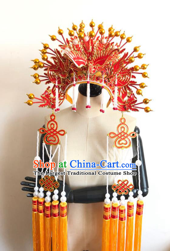 China Traditional Peking Opera Empress Hair Accessories Handmade Red Phoenix Coronet