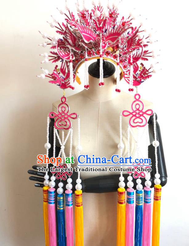 China Traditional Peking Opera Actress Hat Headdress Handmade Imperial Concubine Rosy Phoenix Coronet