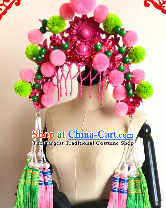 China Traditional Beijing Opera Hat Handmade Ancient Princess Rosy Phoenix Coronet Headwear