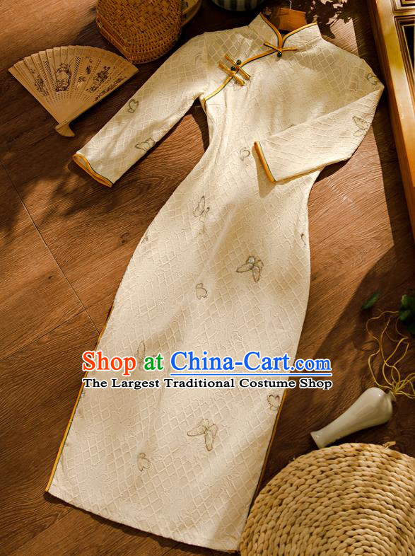 Chinese Classical Beige Lace Qipao Dress Traditional Young Lady Cheongsam