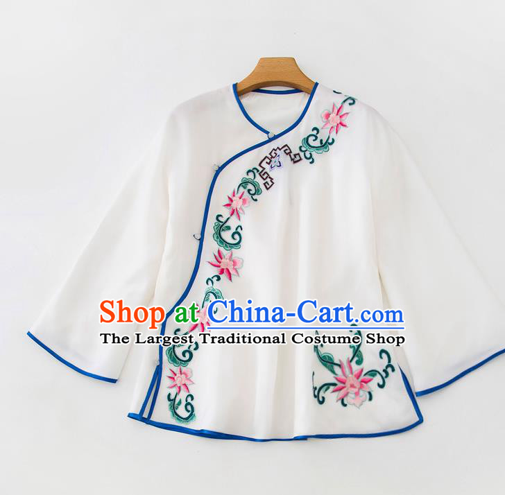 China Traditional Embroidered Flowers White Flax Shirt Tang Suit Upper Outer Garment Women Blouse