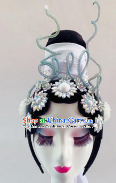 China Handmade Madam White Snake Stage Performance Wigs Chignon Traditional Classical Dance Headdress
