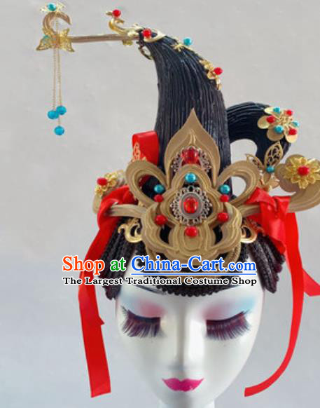 China Traditional Fairy Dance Headdress Handmade Classical Dance Stage Performance Wigs Chignon Headwear