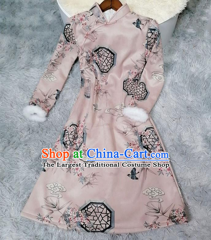 Chinese Classical Printing Plum Bamboo Pink Qipao Dress Traditional Winter Women Cheongsam