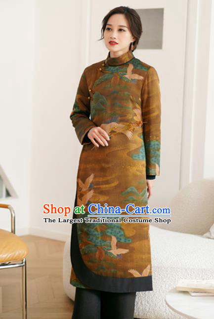 China Winter Tang Suit Outer Garment National Ginger Silk Dust Coat Women Cotton Wadded Coat