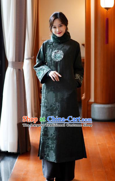China National Cotton Wadded Coat Classical Embroidered Peony Black Silk Gown Tang Suit Overcoat
